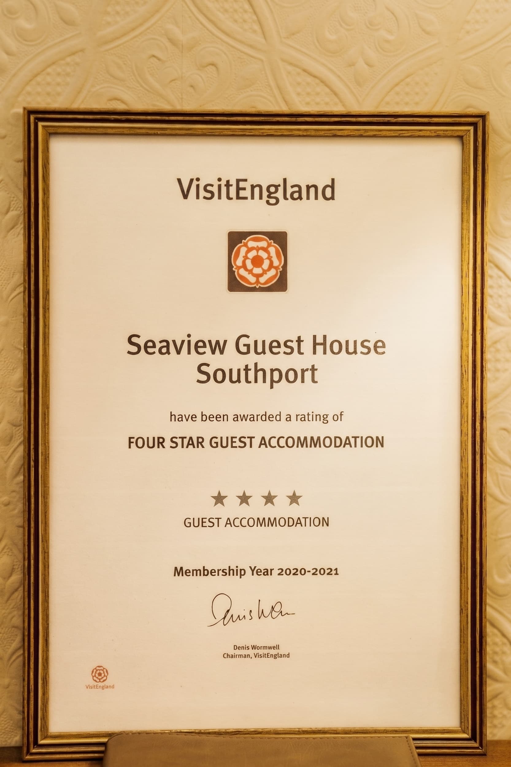 VisitEngland Four Star Guest Accommodation Award Certificate - Seaview Guest House Southport
